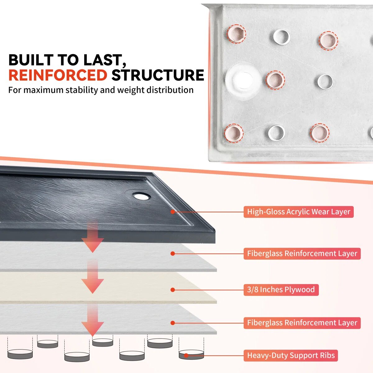 60" x 30" Alcove Shower Base with Right Drain, Low Profile Single Threshold, Integrated Flange – ABC6030R-1HG-W