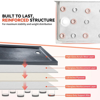 60" x 30" Alcove Shower Base with Right Drain, Low Profile Single Threshold, Integrated Flange – ABC6030R-1HG-W