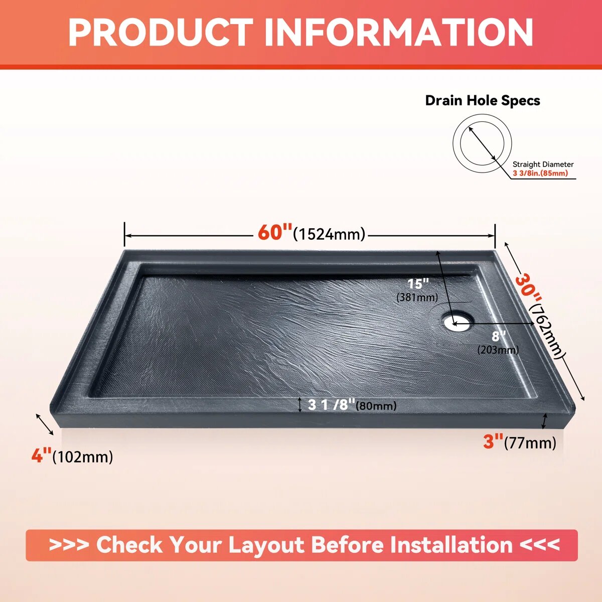 60" x 30" Alcove Shower Base with Right Drain, Low Profile Single Threshold, Integrated Flange – ABC6030R-1HG-W