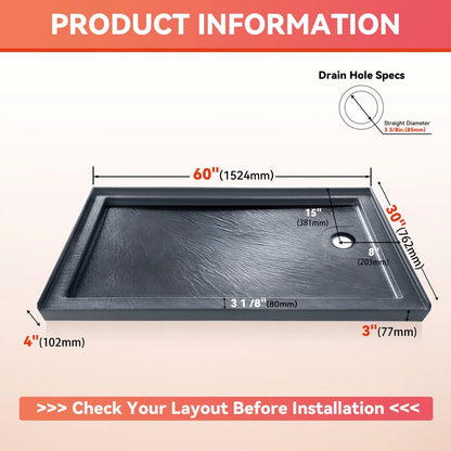 60" x 30" Alcove Shower Base with Right Drain, Low Profile Single Threshold, Integrated Flange – ABC6030R-1HG-W