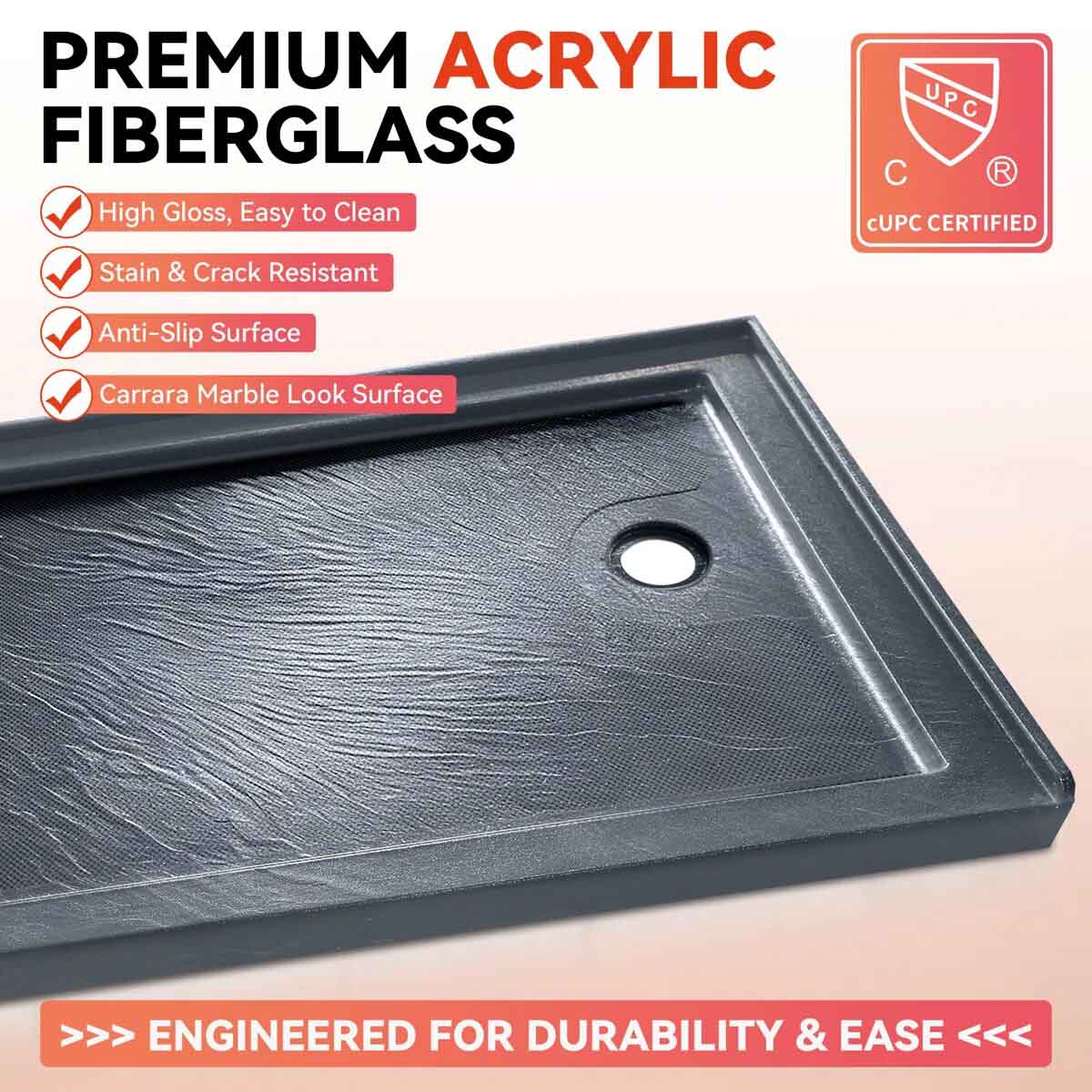 60" x 30" Alcove Shower Base with Right Drain, Low Profile Single Threshold, Integrated Flange – ABC6030R-1HG-W