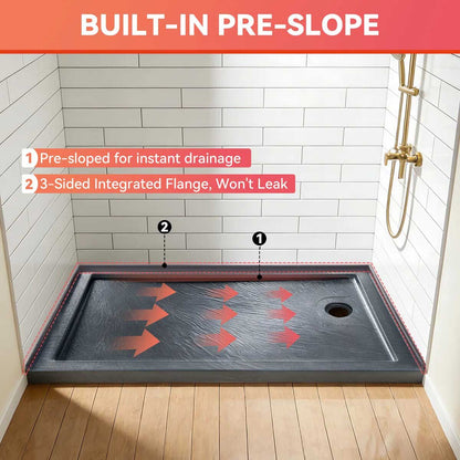 60" x 30" Alcove Shower Base with Right Drain, Low Profile Single Threshold, Integrated Flange – ABC6030R-1HG-W