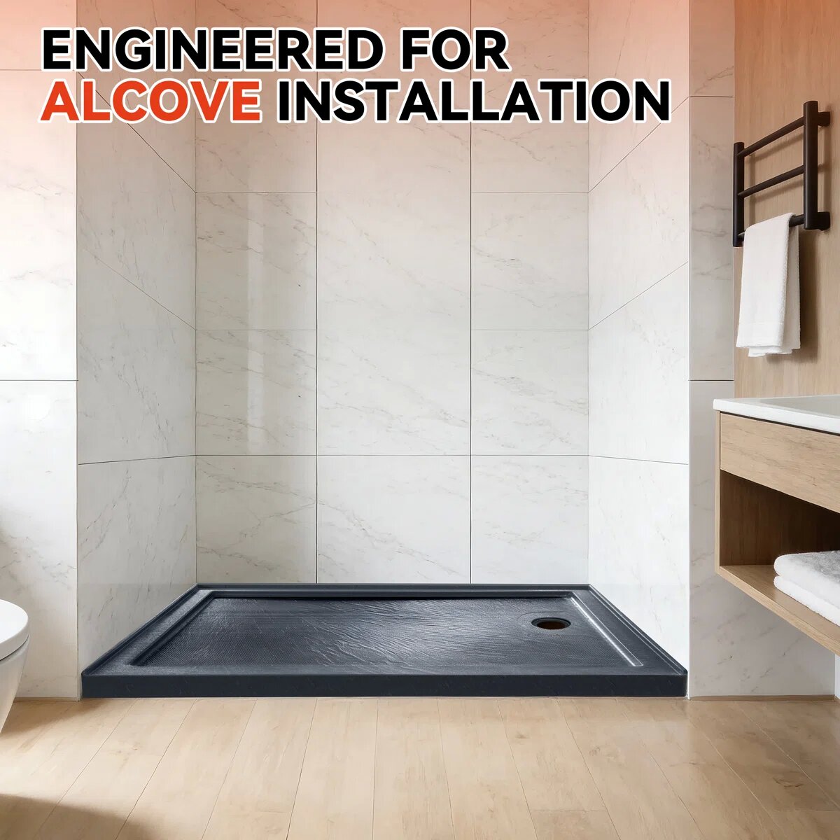 60" x 30" Alcove Shower Base with Right Drain, Low Profile Single Threshold, Integrated Flange – ABC6030R-1HG-W