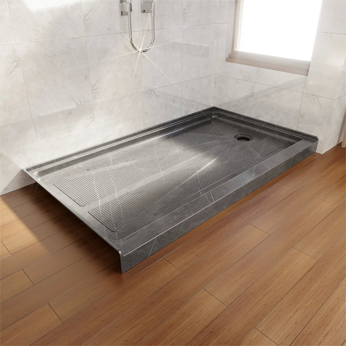 iBath 60" x 30" Alcove Shower Base with Right Drain, Low Profile Single Threshold, Integrated Flange – ABC6030R/1-MG-W