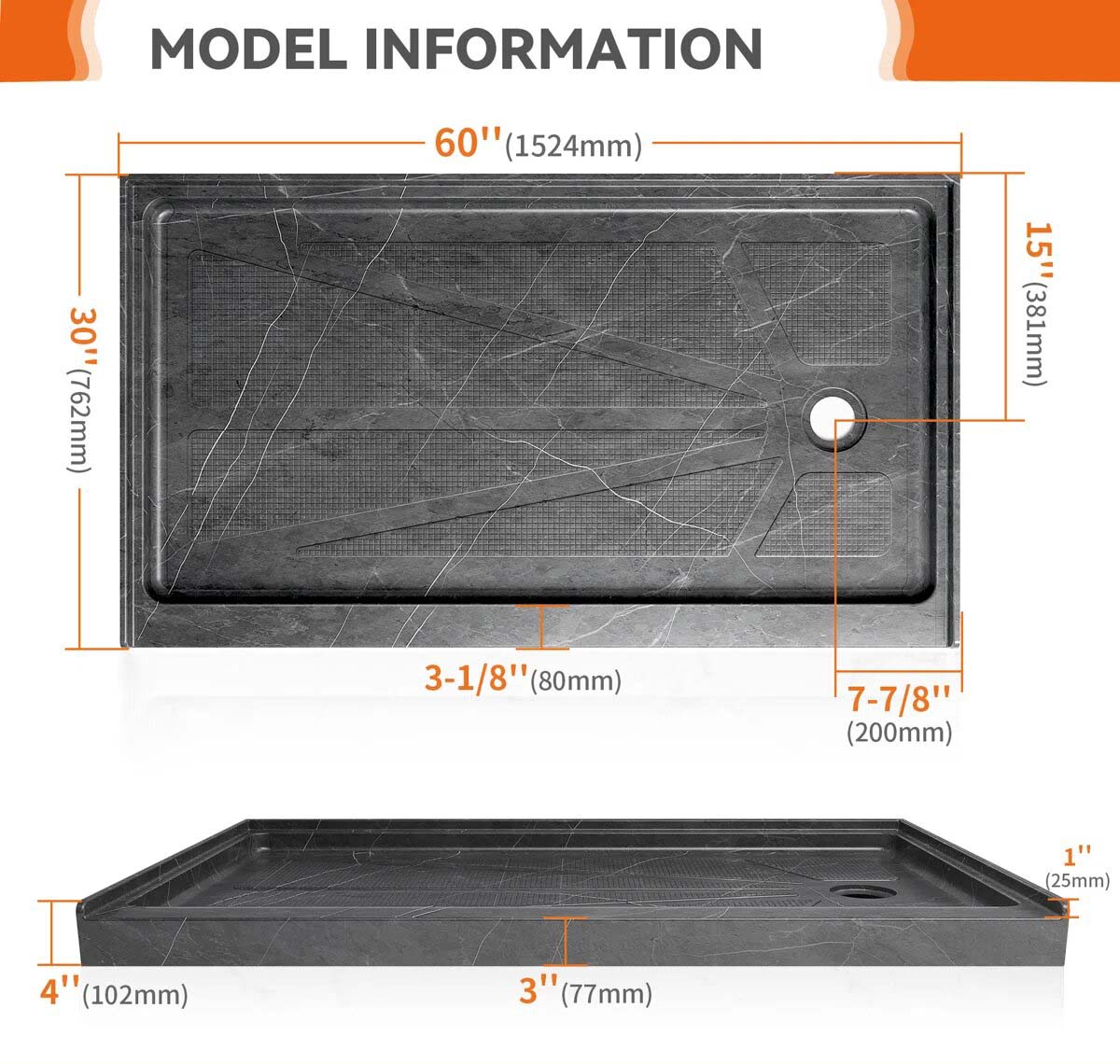 iBath 60" x 30" Alcove Shower Base with Right Drain, Low Profile Single Threshold, Integrated Flange – ABC6030R/1-MG-W