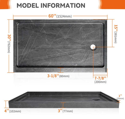 iBath 60" x 30" Alcove Shower Base with Right Drain, Low Profile Single Threshold, Integrated Flange – ABC6030R/1-MG-W