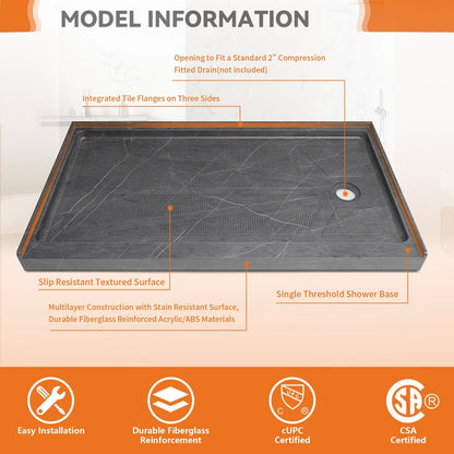 iBath 60" x 30" Alcove Shower Base with Right Drain, Low Profile Single Threshold, Integrated Flange – ABC6030R/1-MG-W