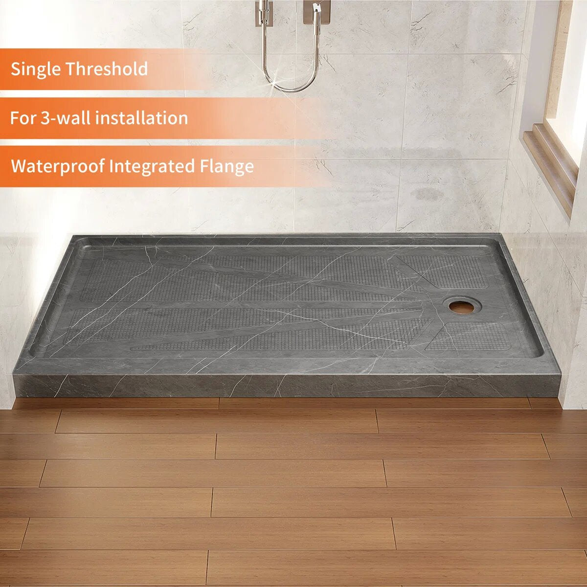 iBath 60" x 30" Alcove Shower Base with Right Drain, Low Profile Single Threshold, Integrated Flange – ABC6030R/1-MG-W