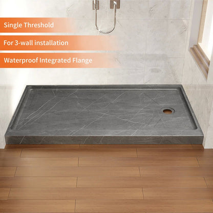 iBath 60" x 30" Alcove Shower Base with Right Drain, Low Profile Single Threshold, Integrated Flange – ABC6030R/1-MG-W