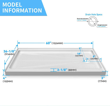 iBath 60" x 36" Rectangular Shower Base, Slip-Resistant Alcove Pan with Right Drain – ABC6036R/1-W