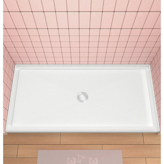 iBath 72" x 36" Alcove Shower Base with Center Drain, Triple Threshold, Slip-Resistant Acrylic, 3-Sided Integrated Flange – ABC7236C/1-W