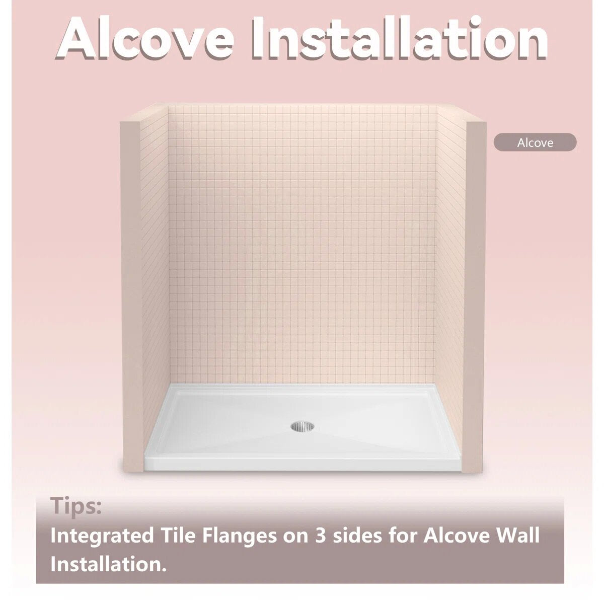 iBath 72" x 36" Alcove Shower Base with Center Drain, Triple Threshold, Slip-Resistant Acrylic, 3-Sided Integrated Flange – ABC7236C/1-W
