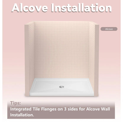iBath 72" x 36" Alcove Shower Base with Center Drain, Triple Threshold, Slip-Resistant Acrylic, 3-Sided Integrated Flange – ABC7236C/1-W
