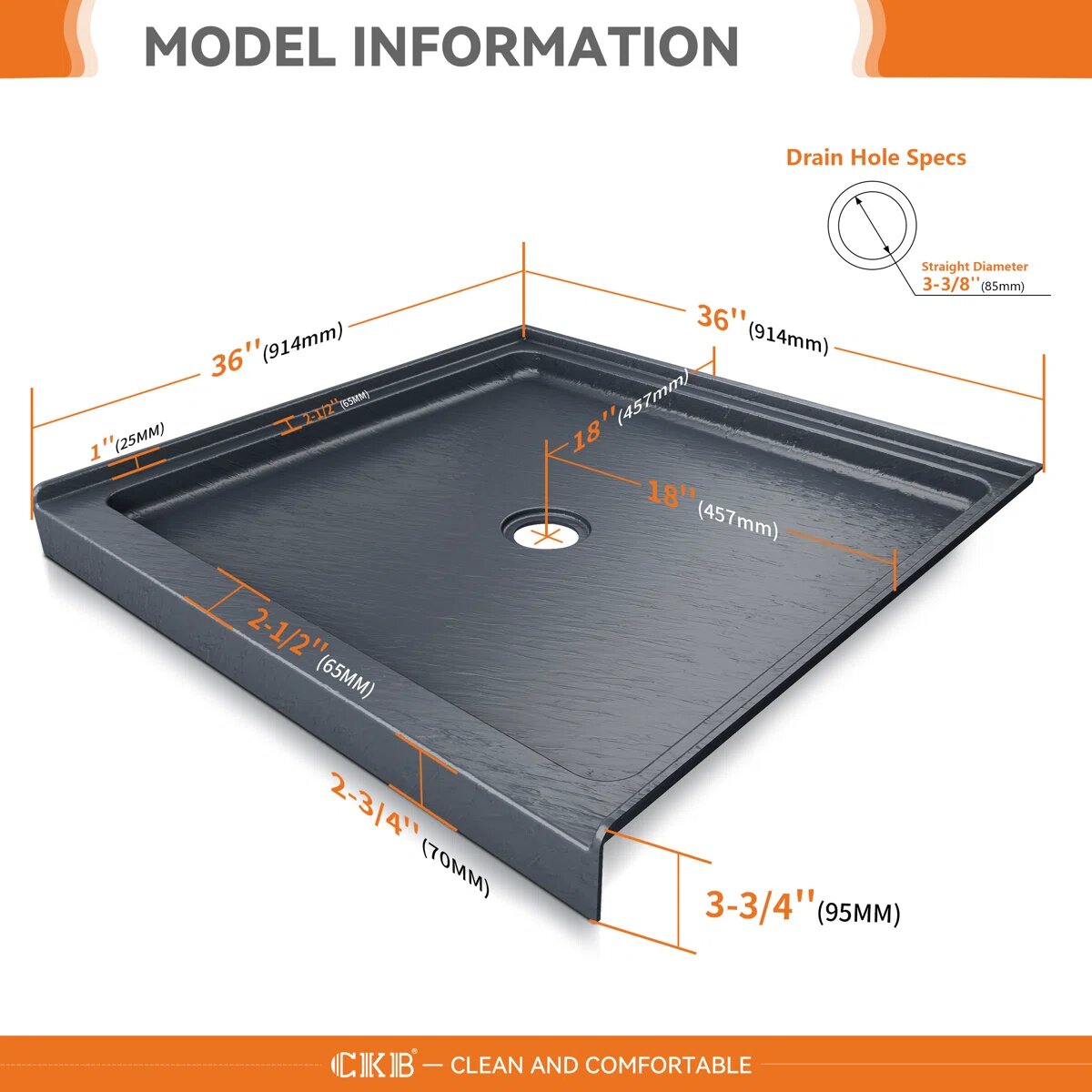 iBath 36" x 36" Shower Base, Center Drain, Low Profile Alcove Pan, Slip-Resistant, Slate Gray – ABCS3636C/1G-W