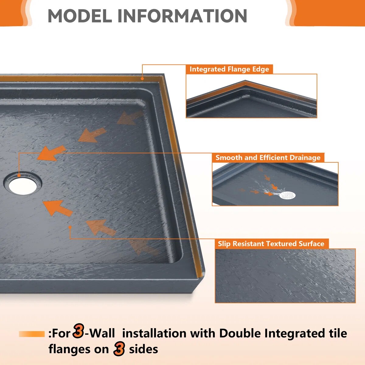 iBath 36" x 36" Shower Base, Center Drain, Low Profile Alcove Pan, Slip-Resistant, Slate Gray – ABCS3636C/1G-W