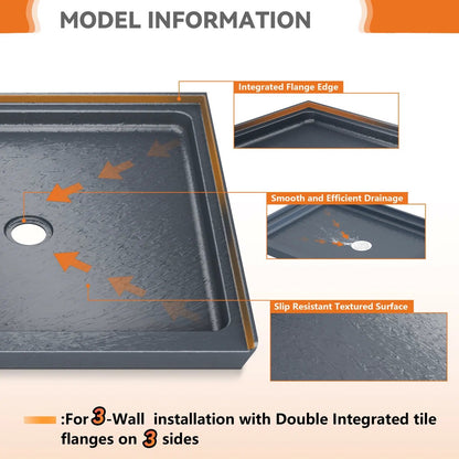 iBath 36" x 36" Shower Base, Center Drain, Low Profile Alcove Pan, Slip-Resistant, Slate Gray – ABCS3636C/1G-W
