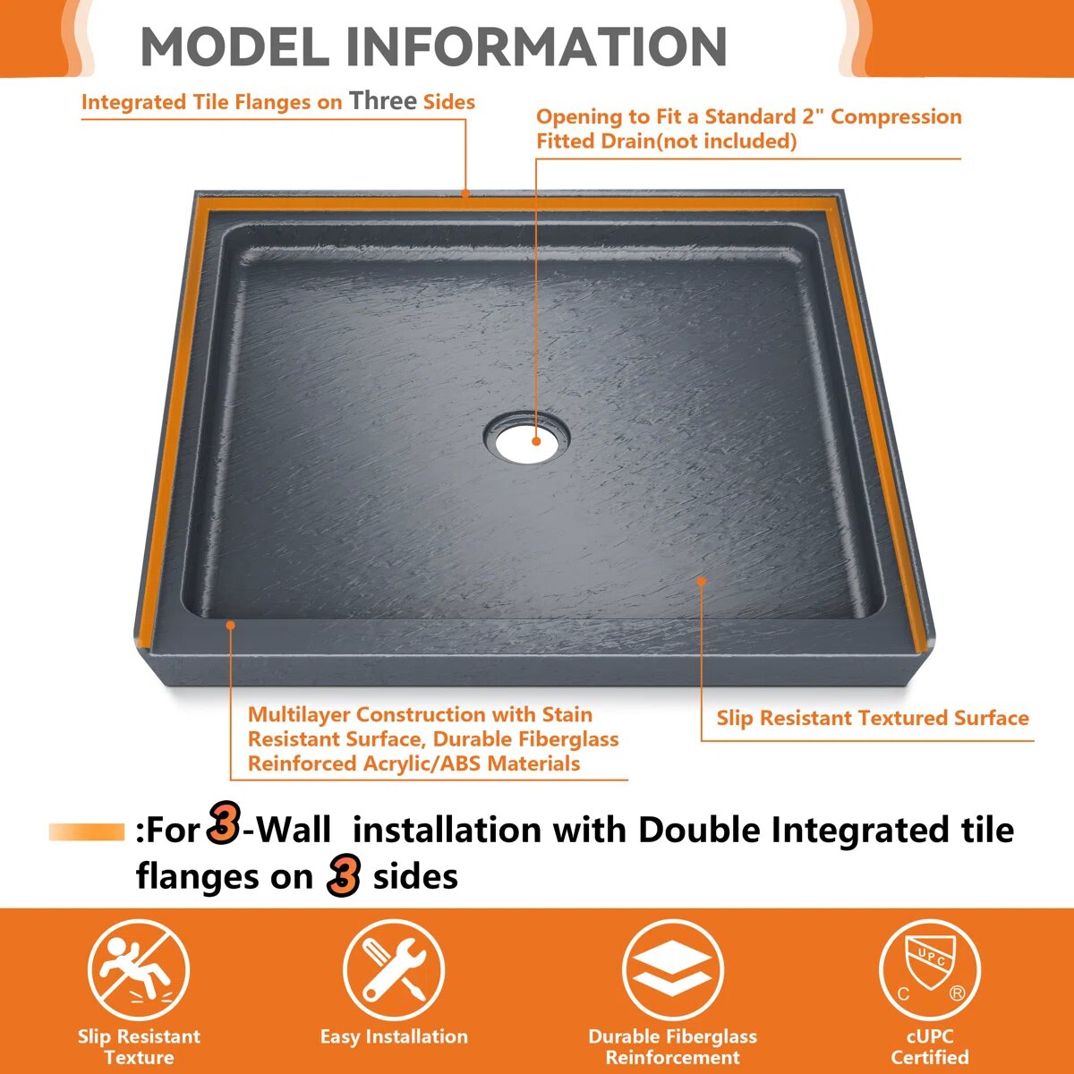 iBath 36" x 36" Shower Base, Center Drain, Low Profile Alcove Pan, Slip-Resistant, Slate Gray – ABCS3636C/1G-W