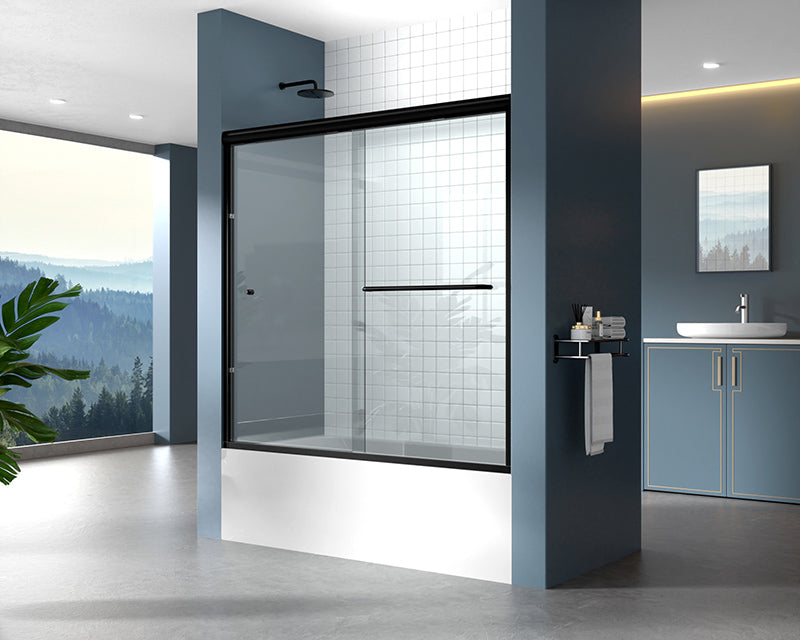 iBath Semi-Frameless Single Sliding Tub Door, 56–60" W x 56" H, Matte Black