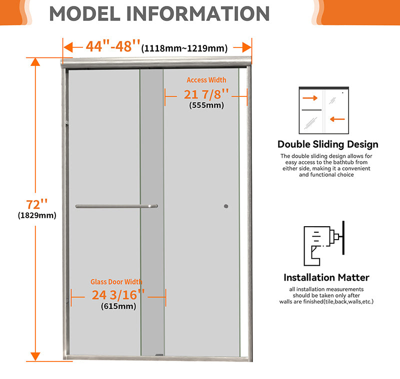 Pivot Shower Door, 44-48“ W x 72” H, 1/4" (6mm) Tempered Glass, with Shattered-Proof Flim and Easy Clean Coating.Brushed Nickel Shower Glass Door