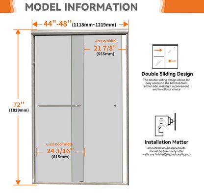 Pivot Shower Door, 44-48“ W x 72” H, 1/4" (6mm) Tempered Glass, with Shattered-Proof Flim and Easy Clean Coating.Brushed Nickel Shower Glass Door