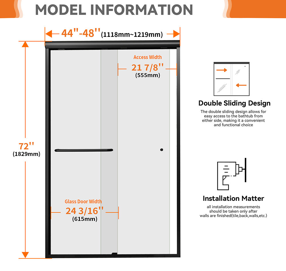44-48 in W x 72 in H Aluminium Framed Shower Door Matte Black Hinged Door