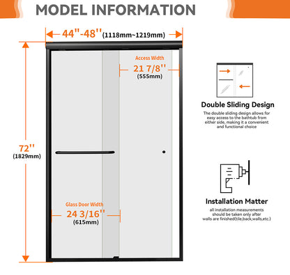 44-48 in W x 72 in H Aluminium Framed Shower Door Matte Black Hinged Door
