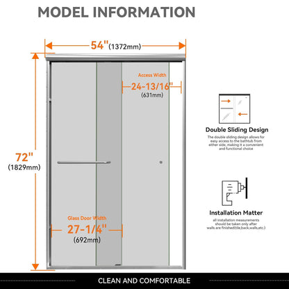 iBath Semi-Frameless Sliding Shower Door, 50–54" W x 72" H, Chrome Finish