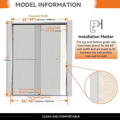 iBath Double Bypass Shower Door, 56–60" W x 72" H, Semi-Frameless