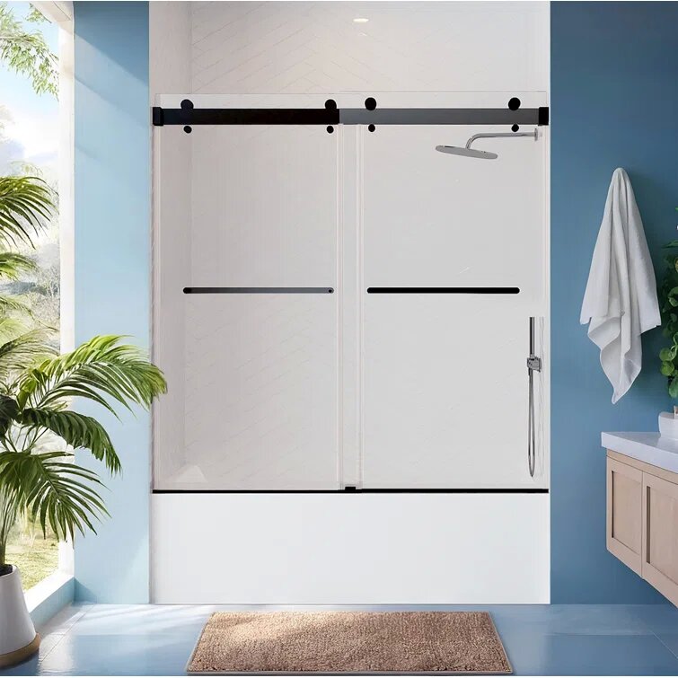 iBath Frameless Sliding Bathtub Door, 56–60'' W x 60'' H, Matte Black Finish