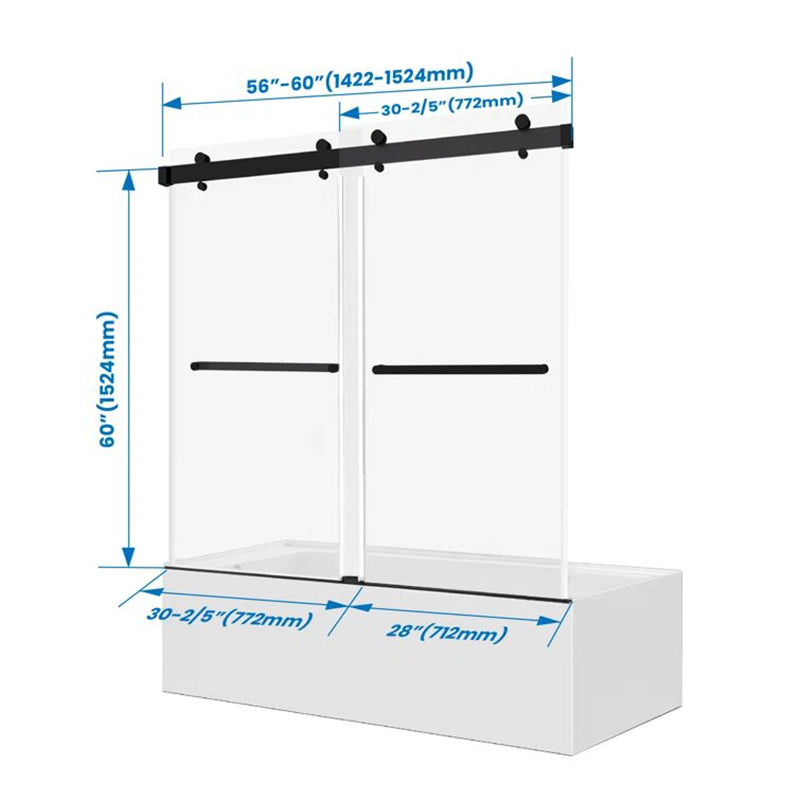 iBath Frameless Sliding Bathtub Door, 56–60'' W x 60'' H, Matte Black Finish