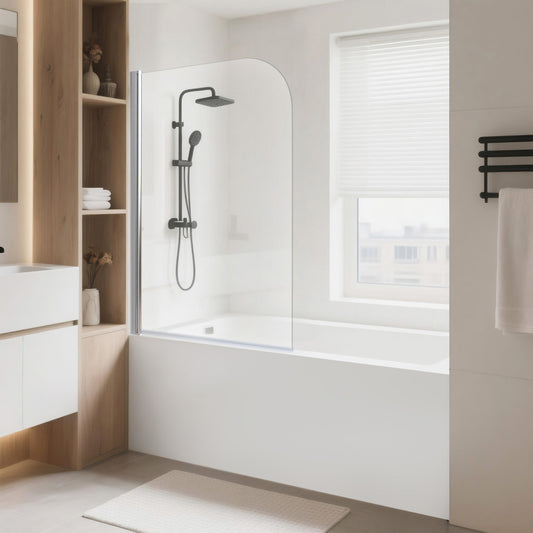 iBath 35" W x 55" H Bathtub Shower Door | 1/4" Easy-Clean Tempered Glass | Frameless Bi-Fold Tub Door | 180° Rotatable & Reversible Design