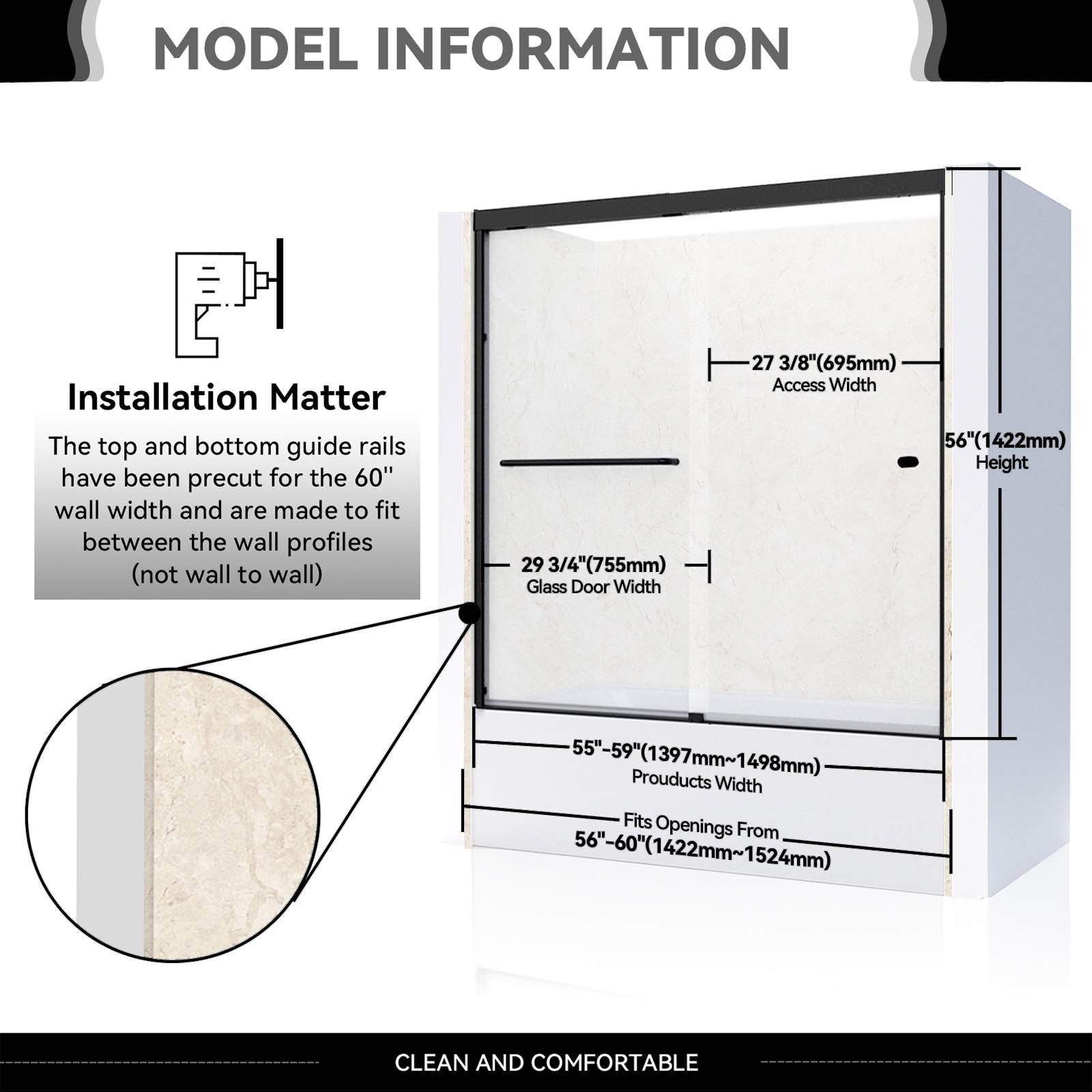 iBath Semi-Frameless Sliding Tub Door, 56–60