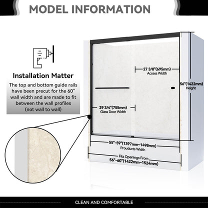 iBath Semi-Frameless Sliding Tub Door, 56–60" W x 56" H