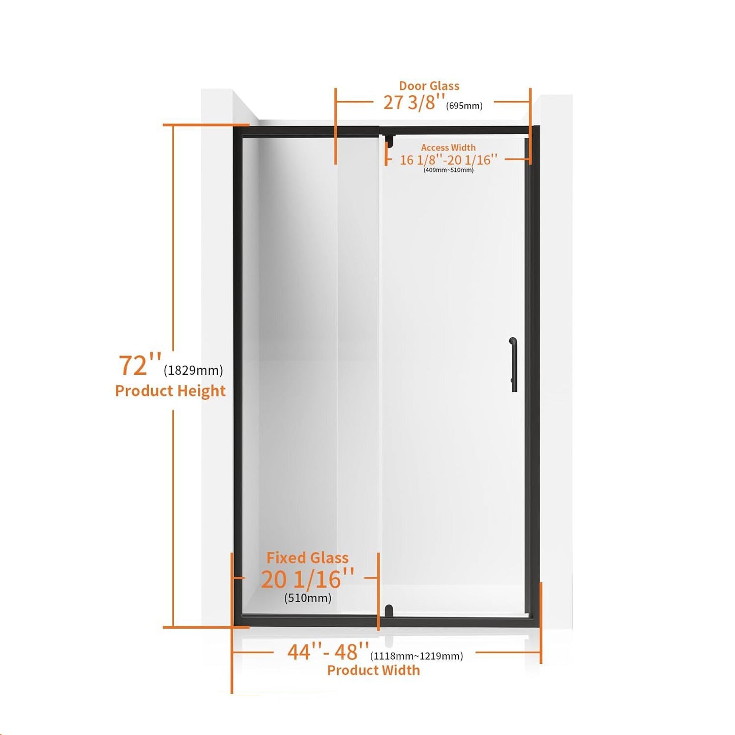 44-48 in W x 72 in H Aluminium Framed Shower Door Matte Black