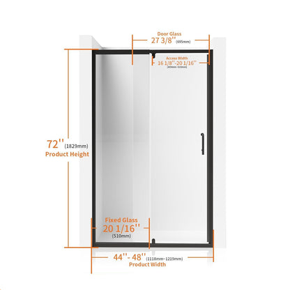 44-48 in W x 72 in H Aluminium Framed Shower Door Matte Black