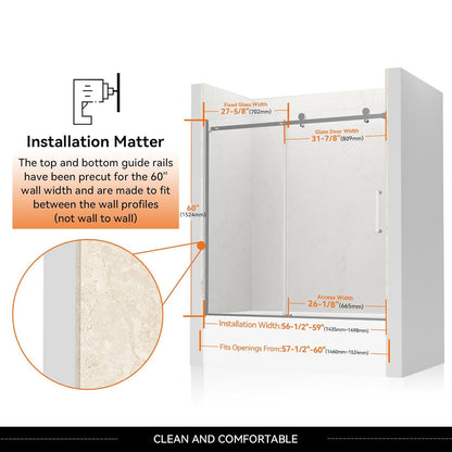 iBath Frameless Bathtub Door, 57 1/2"–60" W x 60" H, Chrome Finish
