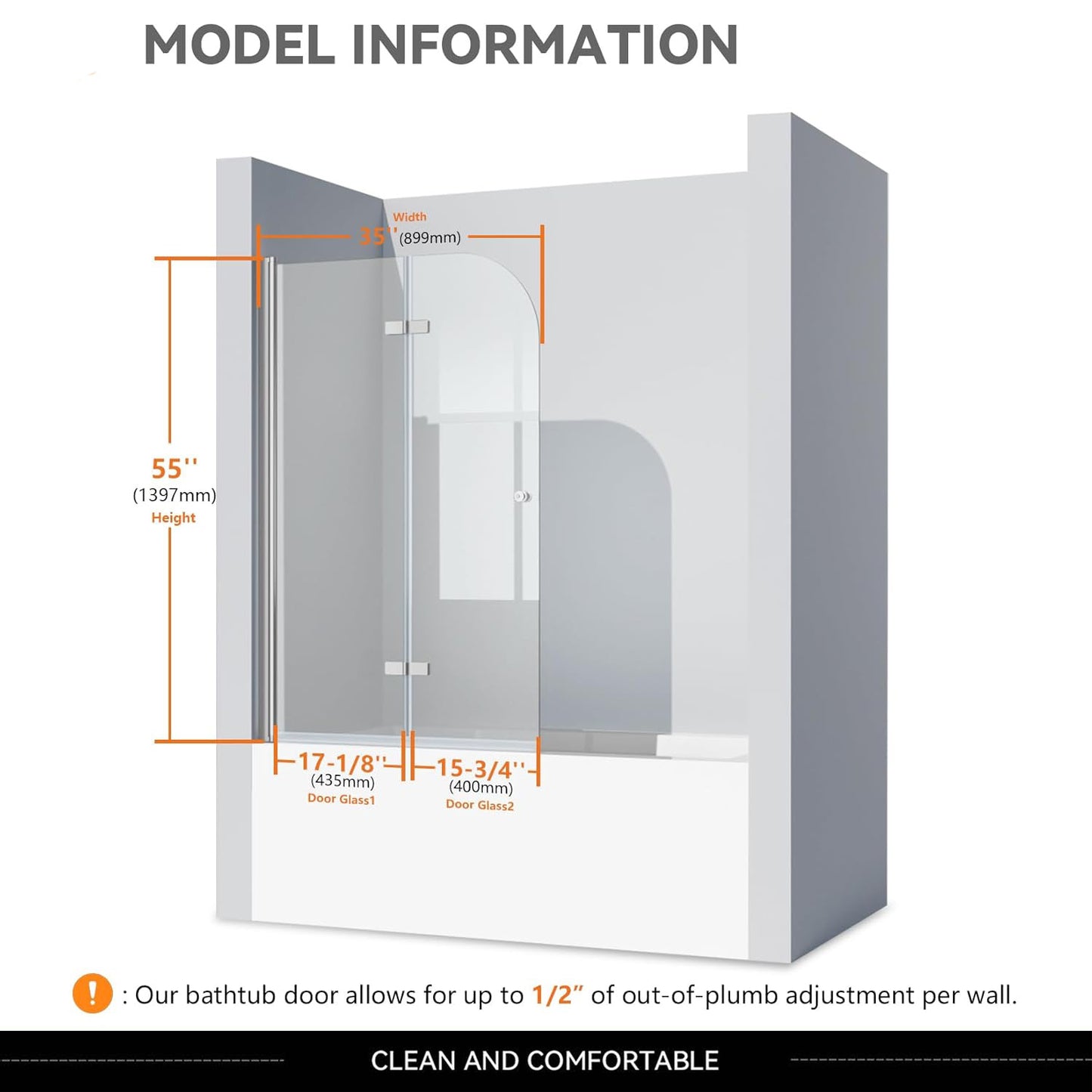 iBath Frameless Bi-Folding Bathtub Shower Door, 35" W x 55" H, with Polished Steel Finish