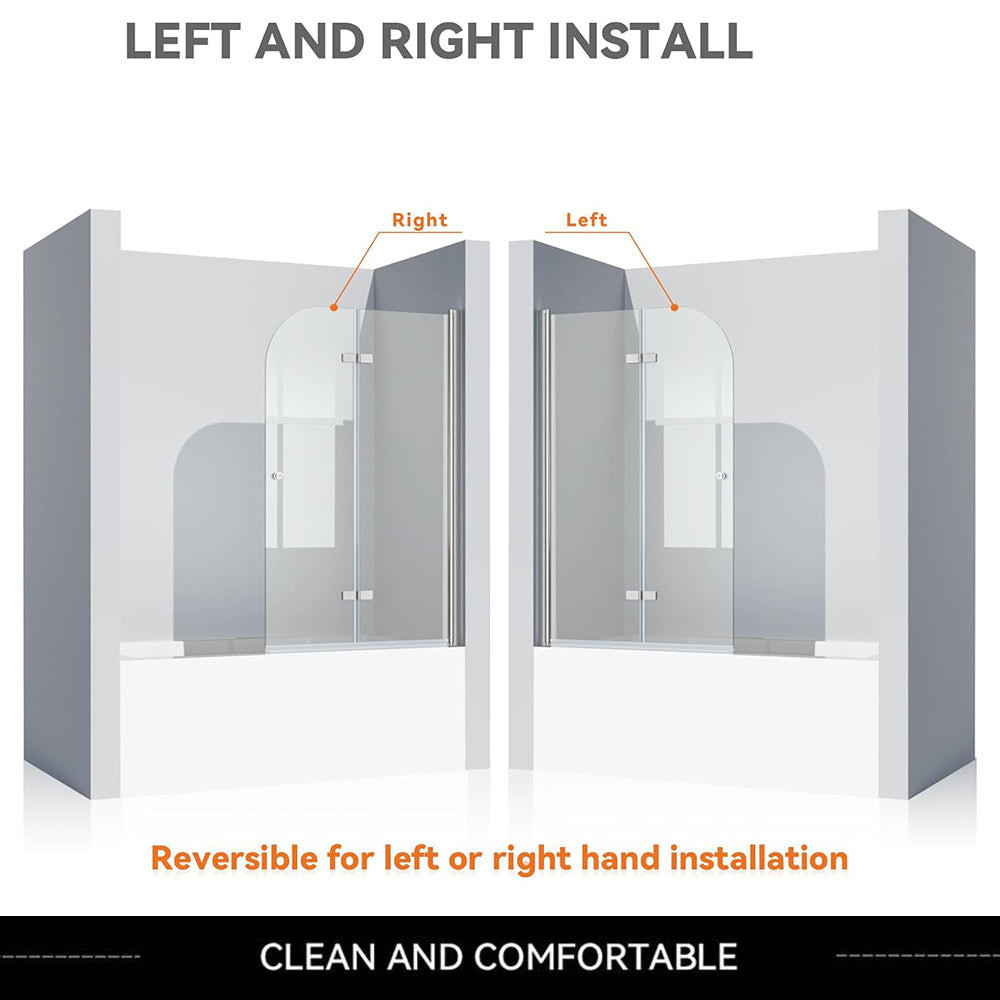 iBath Frameless Bi-Folding Bathtub Shower Door, 35" W x 55" H, with Polished Steel Finish