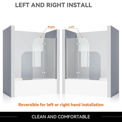 iBath Frameless Bi-Folding Bathtub Shower Door, 35" W x 55" H, with Polished Steel Finish