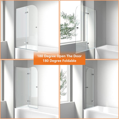 iBath Frameless Bi-Folding Bathtub Shower Door, 35" W x 55" H, with Polished Steel Finish