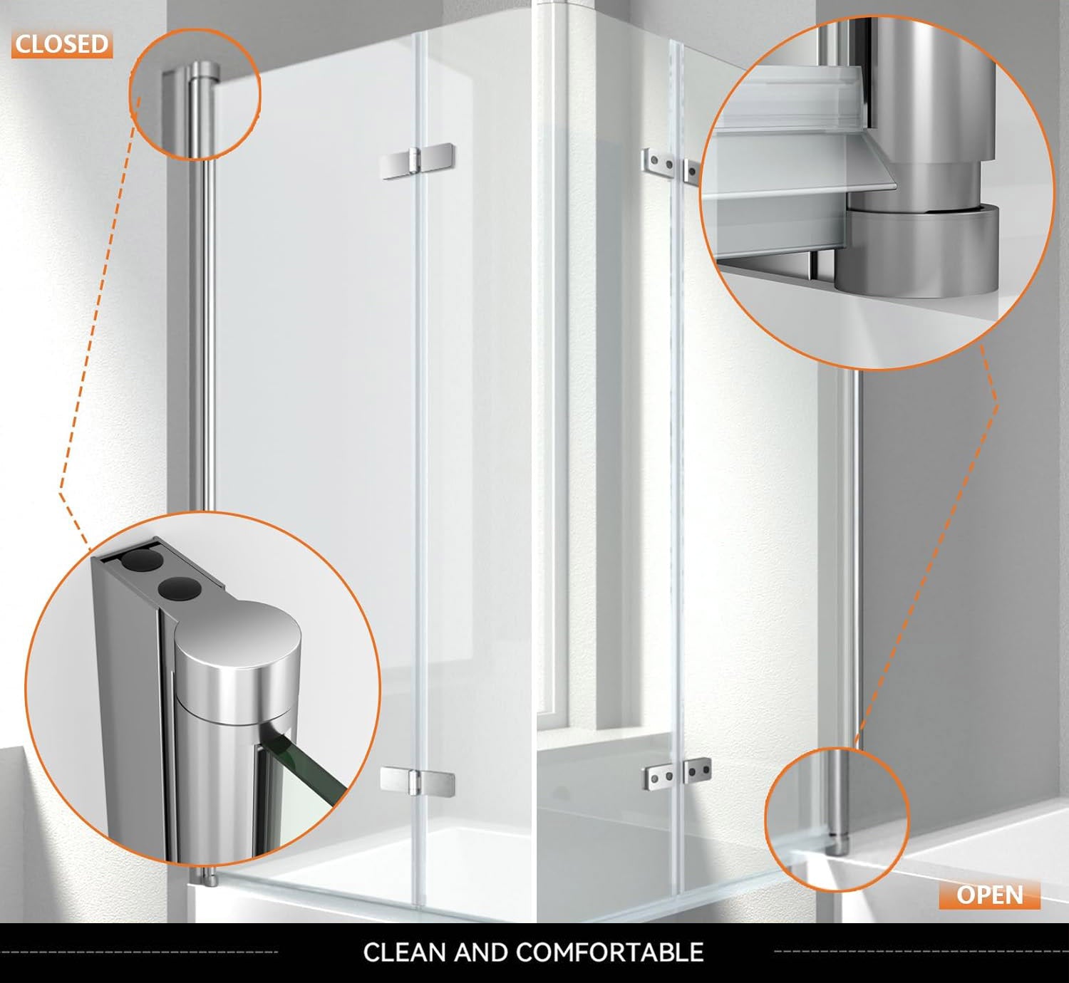 iBath Frameless Bi-Folding Bathtub Shower Door, 35