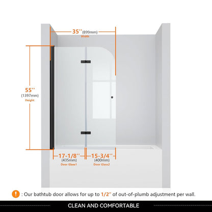 iBath 35" W x 55" H Bi-Folding Frameless Bathtub Shower Door – Matte Black