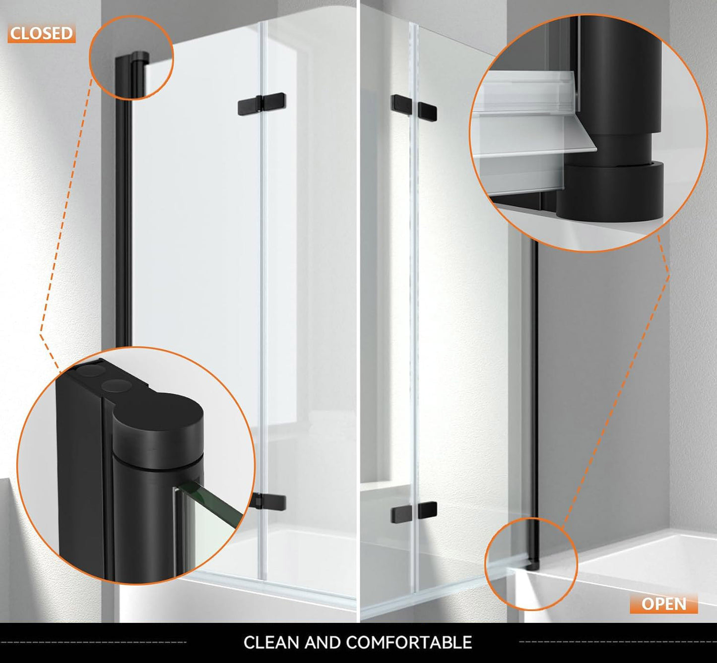 iBath 35" W x 55" H Bi-Folding Frameless Bathtub Shower Door – Matte Black