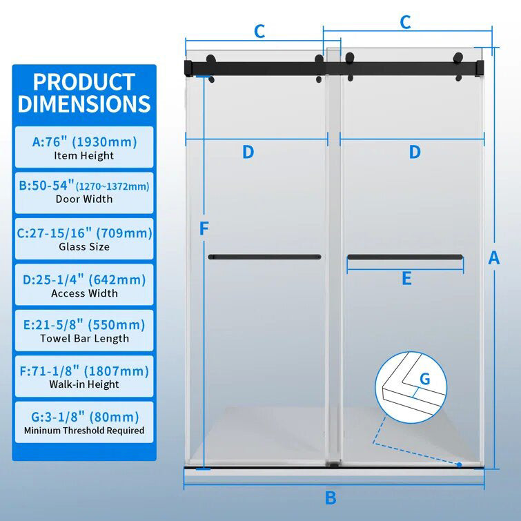iBath Double Sliding Frameless Shower Door 50–54'' W x 76'' H, Matte Black
