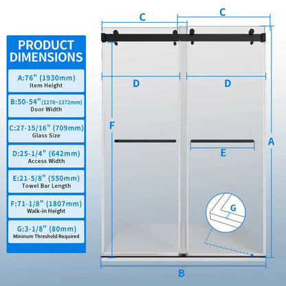 iBath Double Sliding Frameless Shower Door 50–54'' W x 76'' H, Matte Black