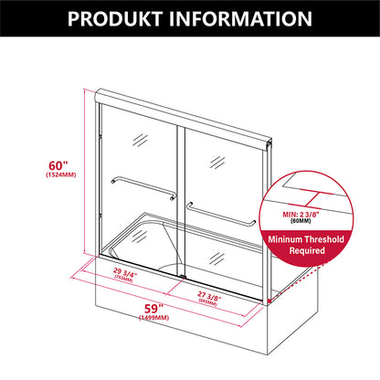 iBath 55" - 59'' W x 60'' H Double Sliding Semi-Frameless Tub Door, Matte Black