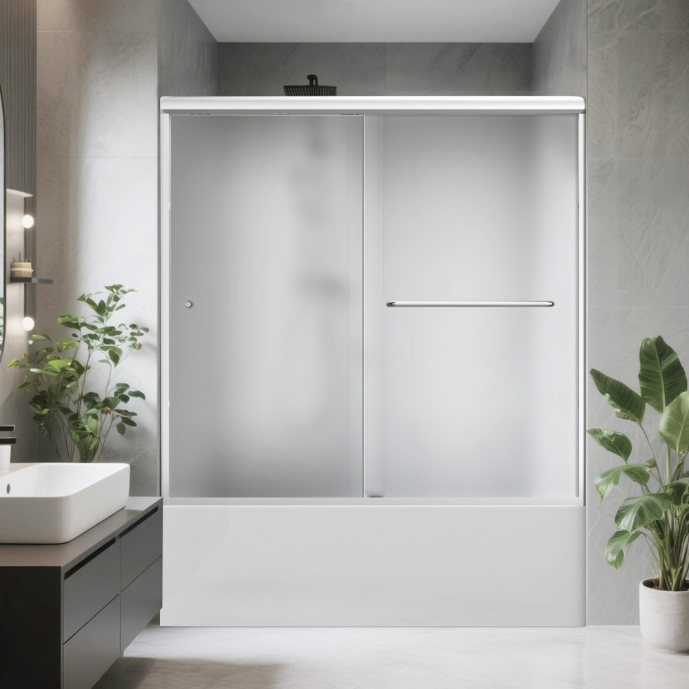 iBath Semi-Frameless Sliding Bathtub Door, 56–60" W x 56" H, Frosted Tempered Glass
