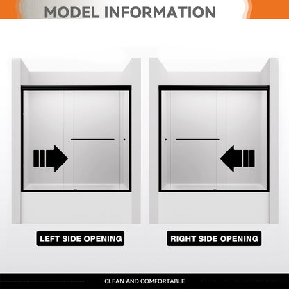 iBath Semi-Frameless Sliding Bathtub Door, 56–60" W x 56" H, Frosted Tempered Glass