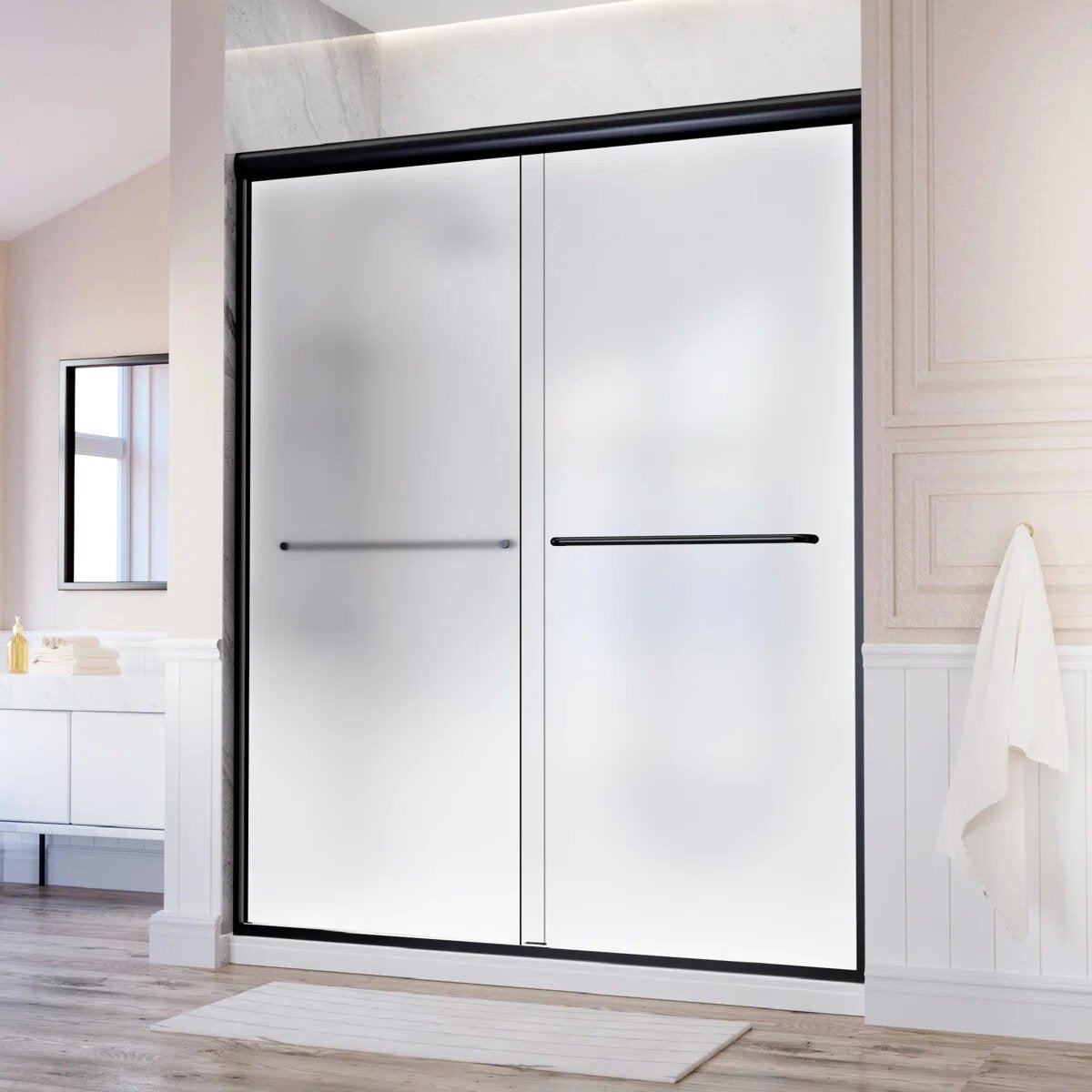 iBath 44–48" Double Sliding Semi-Frameless Frosted Glass Shower Door with 2 Matte Black Towel Bars