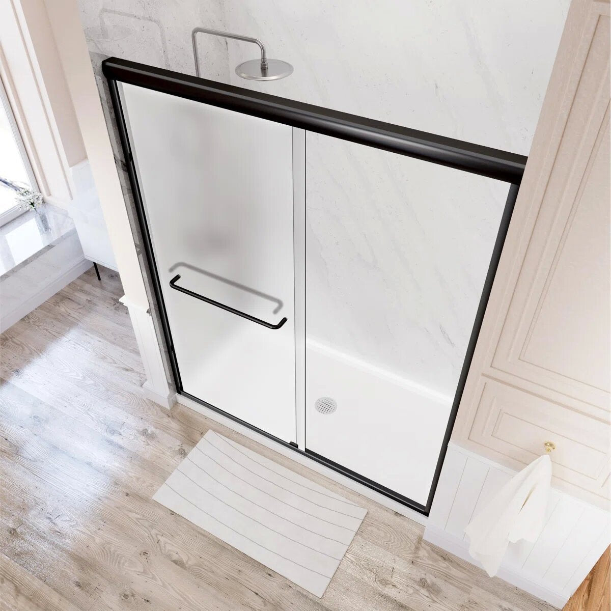 iBath 44–48" Double Sliding Semi-Frameless Frosted Glass Shower Door with 2 Matte Black Towel Bars